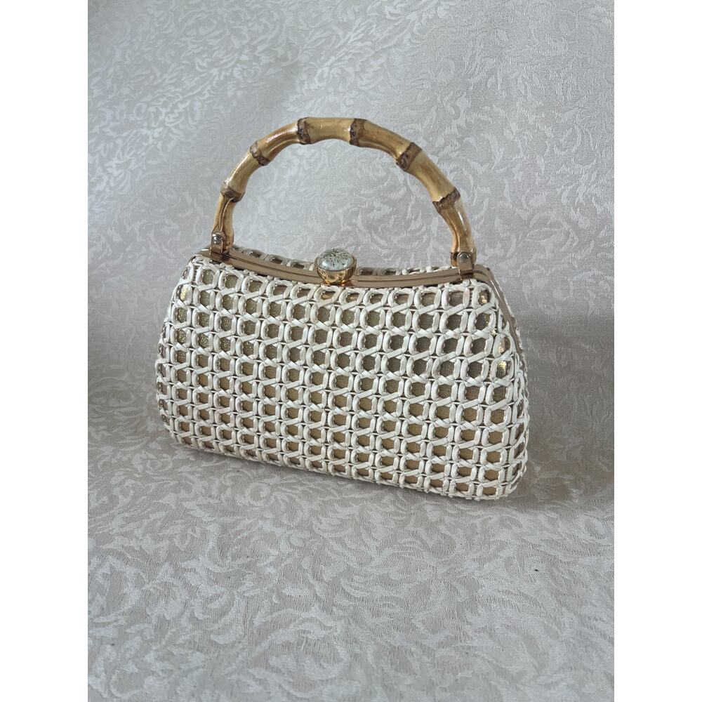Vintage White Woven Handbag Bamboo Top Handle Resin Flower Detail Boho